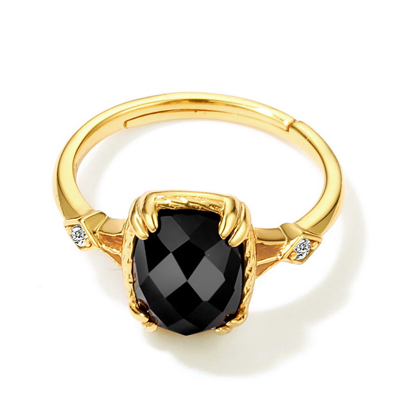 S925 sliver natural crystal  black agate ring adjustable ring