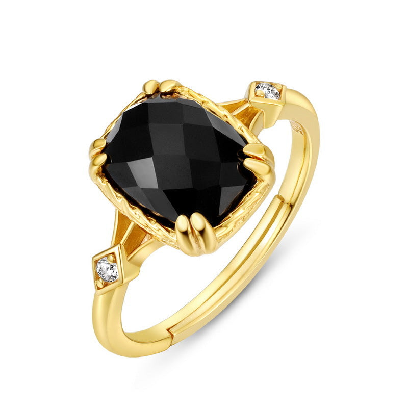 S925 sliver natural crystal  black agate ring adjustable ring