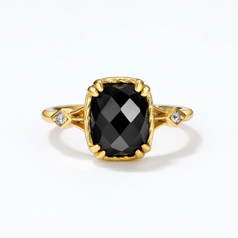 S925 sliver natural crystal  black agate ring adjustable ring