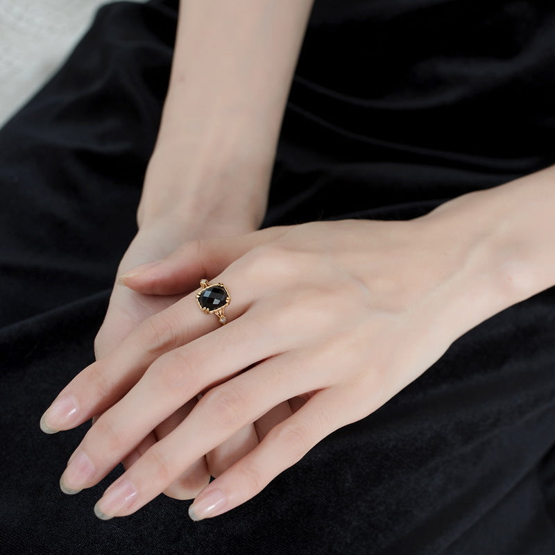 S925 sliver natural crystal  black agate ring adjustable ring