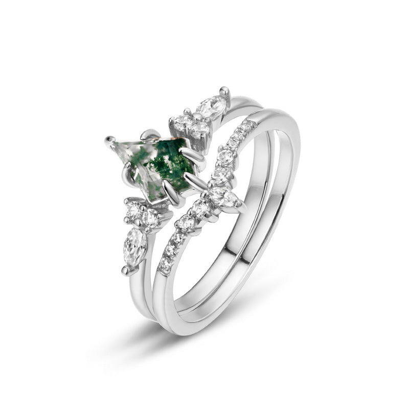 S925 sliver natural crystal  moss agate ring adjustable ring