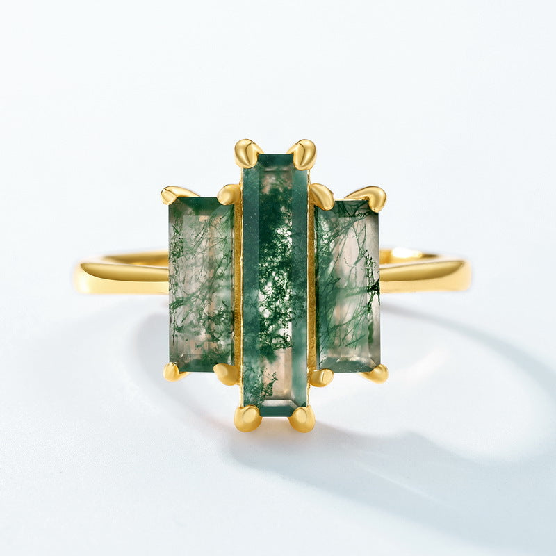 S925 sliver natural crystal  moss agate ring adjustable ring